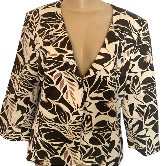 Trisisto Femme Floral Leaf Brown & White Safari Fitted Suit Jacket Blazer Padded - Picture 10 of 14